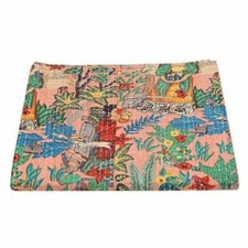 Reversible Floral Kantha Quilt Multicoloured Queen Blanket Bohemian Bed Runner