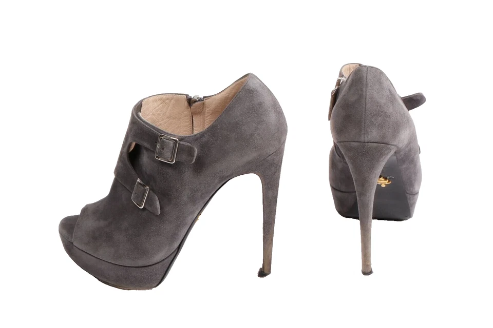 Botines PRADA Gris Gamuza Cuero Punta abierta Hebilla Plataforma Talla 39 Foto 2 de 4