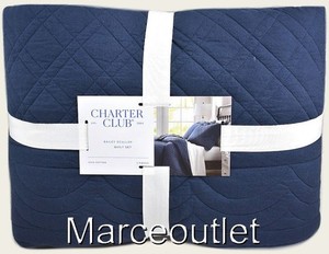 Charter Club Bailey Scallop Cotton FULL / QUEEN Quilt & Shams Set Navy Blue