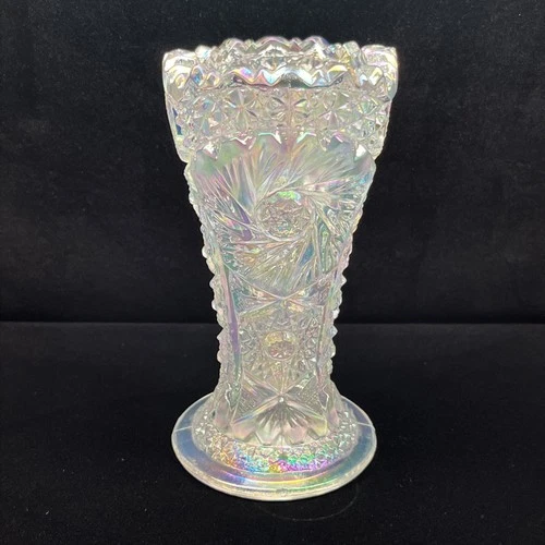 Iridescent Celestial Glass 6" Vase Aztec Star L.E.Smith Saw-Tooth Edge VTG 1970s