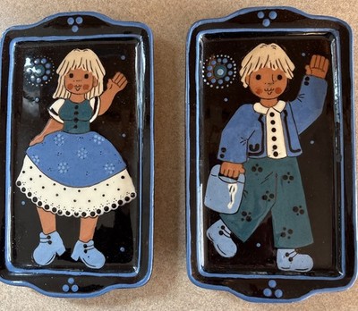 2 Vintage Daniel Stahli Small Handcrafted Trays Hangings Swiss Slipware Pottery