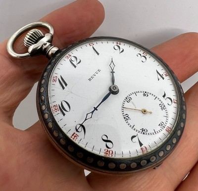 ''GT'' Revue Thommen Silver MENS  Pocket Watch NIELLO