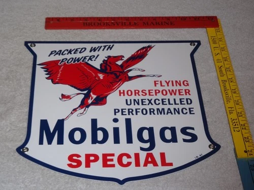 VINTAGE 1947 MOBIL MOBILGAS SPECIAL PEGASUS 1' PORCELAIN METAL GASOLINE OIL SIGN