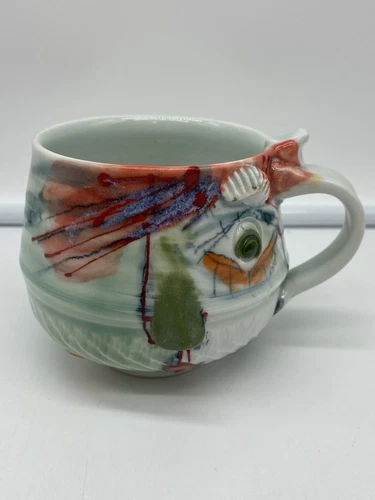 RENO Pottery Hand Thrown Pottery Abstract Studio Art Coffee Mug Cup Signed 3.5"