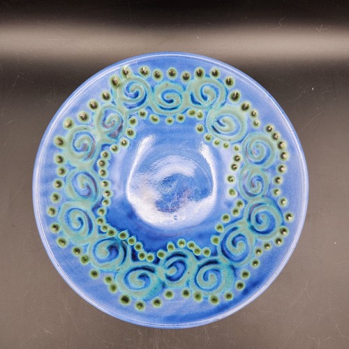 Earthworks Barbados Salad Bowl 8" Green & Blue Stoneware Pottery Spiral Dot - Picture 1 of 12