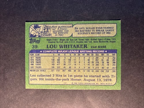 1982 Topps Lou Whitaker Detroit Tigers No. 39 - Picture 2 of 2