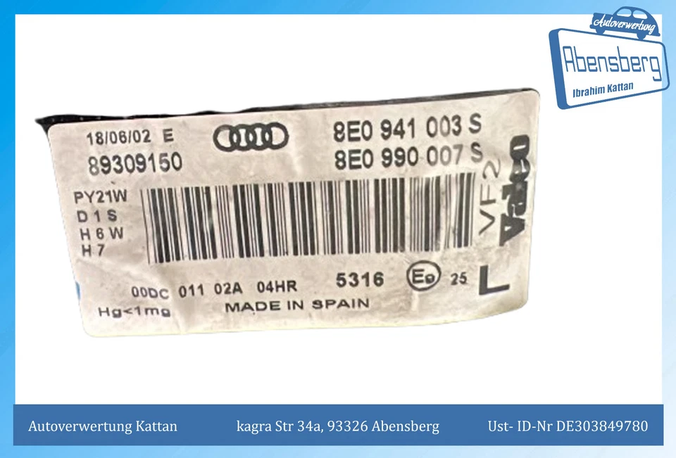 Gebr. Audi A4 B6 Frontscheinwerfer Xenon vorne links 8E0941003S 89309150 #3866 - Bild 2 von 4