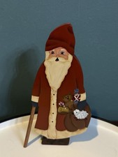 Vintage hand-painted Wood Santa Claus cutout With Walking Stick Folk Art 8.75