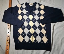 Alan Paine Sweater Men 44 XL Blue White Argyle Lambswool Pullover Preppy England