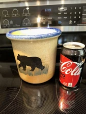 MONROE SALT WORKS :: 6” CROCK ~ UTENSIL HOLDER “BLACK BEAR” SALT GLAZE MAINE USA