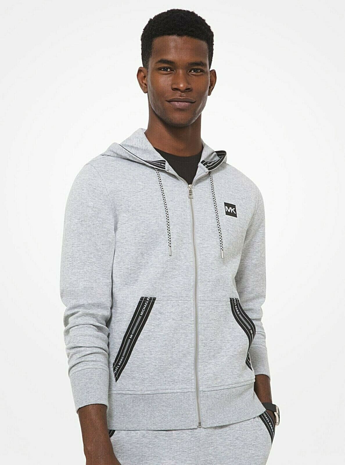 NWT MICHAEL KORS Men's Logo Tape Cotton Blend Zip-Up Hoodie in GREY Size L  $128 194391396771 | eBay