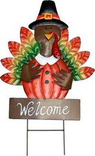24" Metal Turkey Pilgrim Thanksgiving Outdoor Yard Welcome Sign Stake,...