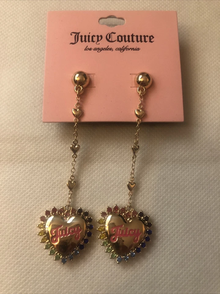 Pendientes colgantes Juicy Couture tono dorado corazón en cadena con detalles de cristal nuevos con etiquetas Foto 4 de 4