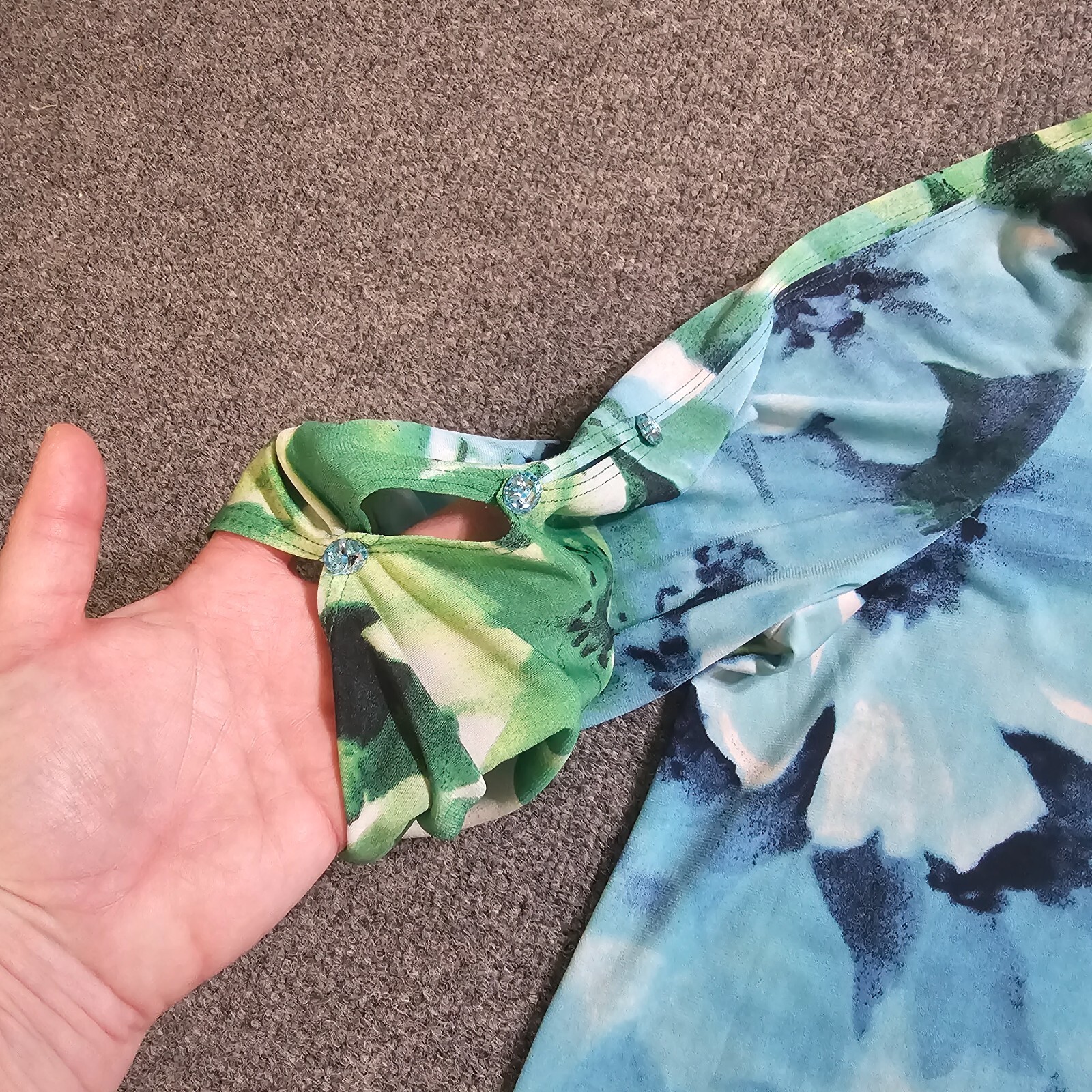 Susan Graver Top Women Large Blue Green Floral Stretch Gemstones Casual Career