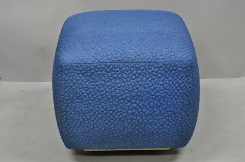 Vintage Mid Century Modern Square Pouf Ottoman Blue Stitched Fabric on Casters - Picture 8 of 9