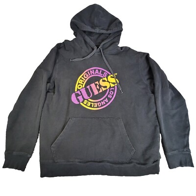 Vintage Guess Sweater Mens XL Black Pullover Hoodie w/Pockets Drawstring  90s