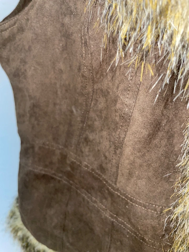 Peck&Peck Mujer Vintage Imitación Gamuza Piel Borde Talla L Frente Abierto Marrón Boho Foto 3 de 4