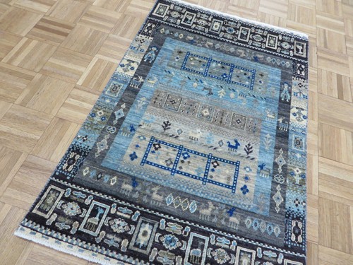 Alfombra oriental Gabbeh Peshawar 2'6 x 3'10 anudada a mano azul G11039 - Imagen 2 de 8