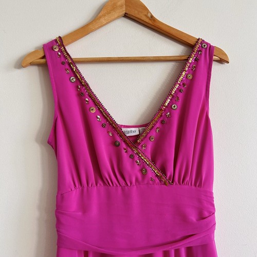 y2k Pink Fuchsia Cocktail Dress Hankerchief Hem Boho Sequin 2000s Formal Dress - Picture 3 of 10