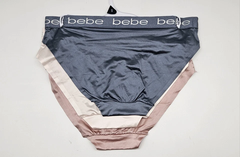 BEBE Women's S M L 3 Pack Logo Waistband Satin Laser Bikini Gray Beige Ivory - Image 3 of 4