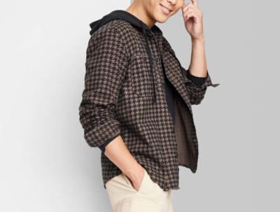 Men's Hooded Button-Down Shirt Brown &Black Herringbone Pockets - Original Use
