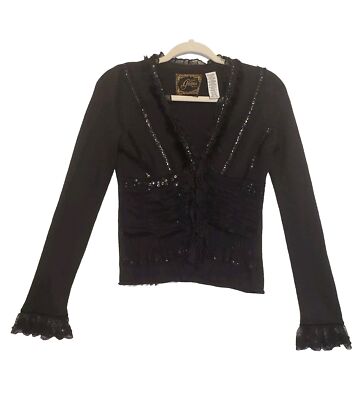 Guess Girl's Youth Black Sequins Mesh Bead Ruffle Fur Sweater Size 16 XL