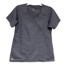 Carhartt Women  s Scrub Top Small Short Sleeve Pockets Adjustable Waist Gray EUC