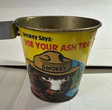 Vintage Smokey the Bear tin bucket, clip on car ashtray bucket