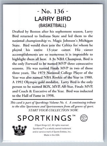 Larry Bird 2023 Sportkings Volume 4 #136b Dark Blue - Picture 2 of 2