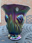 Signed Fenton, Vase, Amethyst Carnival Glass, "Tulip" Pattern