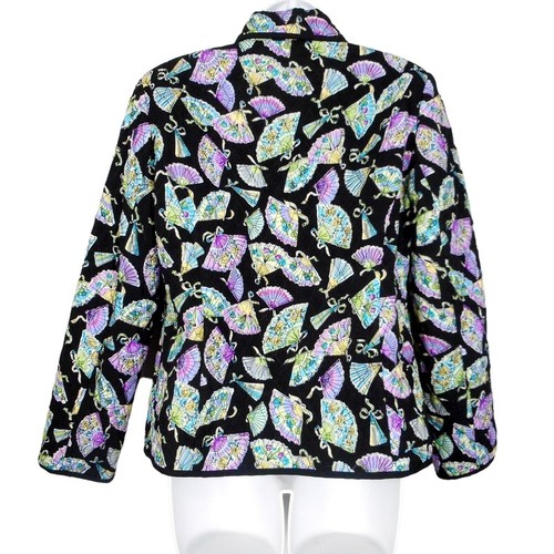 RQT Quilted Jacket Womens Medium Black Multicolor Fans Print Lightweight Zip Up - Picture 2 of 8