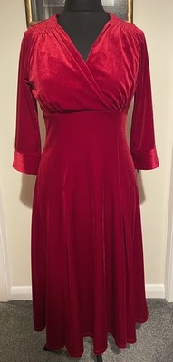 NWT Rare Bombshell by Katya Wildman Red Velvet V Neck Pin-Up Midi Dress UK 14