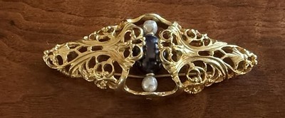 Vintage Napier Goldtone Filagree Open Scroll Faux Pearl Bead Brooch 3.5 inches