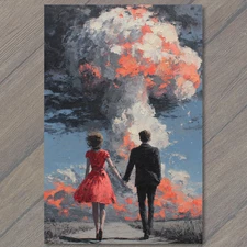 Art Print Couple Holding Hands Red Dress Suit Fiery Explosion Smoke Apocalyptic