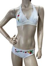 Vtg Sz XS 60s 70s Swimsuit Bikini White Nylon Flower Applique Halter Fully Lined