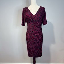 Lauren Ralph Lauren Burgundy Black Animal Print Ruched Faux Wrap Dress Size 8