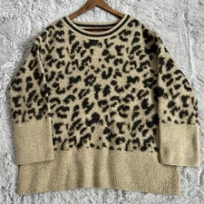 POL Sweater Womens Medium Tan Black Leopard Print Ribbed Boxy Pullover Boho Flow