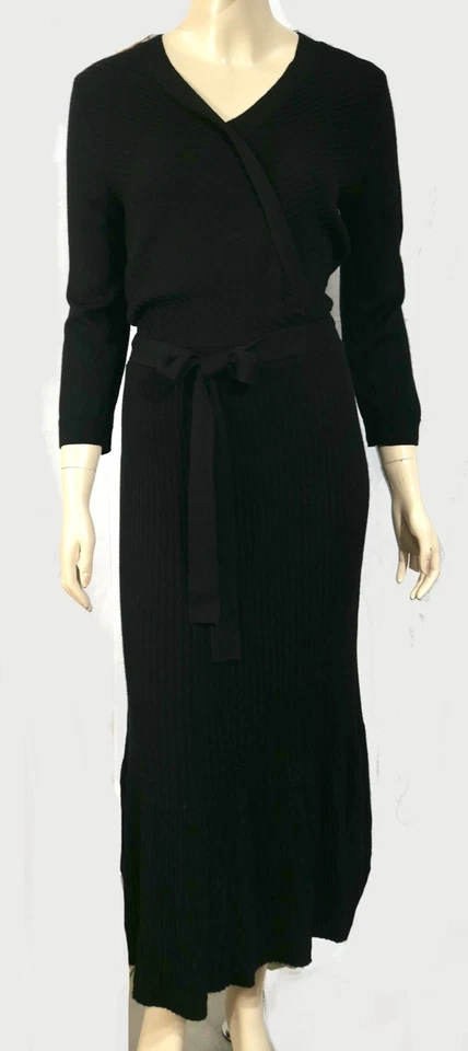 De Colección Kate Spade New York Negro Lana Acanalado Suéter Vestido Cinturón Movible Largo M Foto 3 de 4