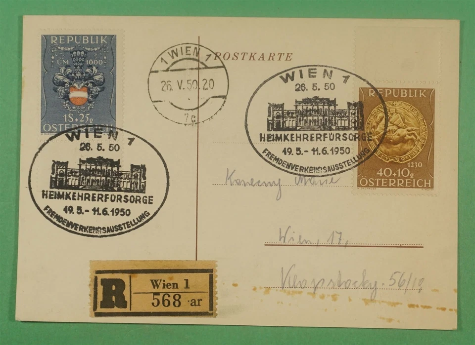 DR WHO 1950 AUSTRIA VIENNA EXPO SLOGAN CANCEL POSTCARD REGISTERED R14558 - Image 2 of 3