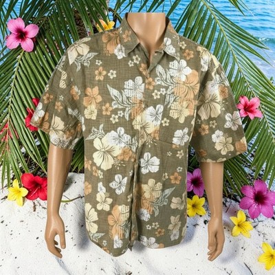 Ocean Pacific Hawaii Aloha Hemd XL Hibiskus Brauner Grün Reverse Aufdruck
