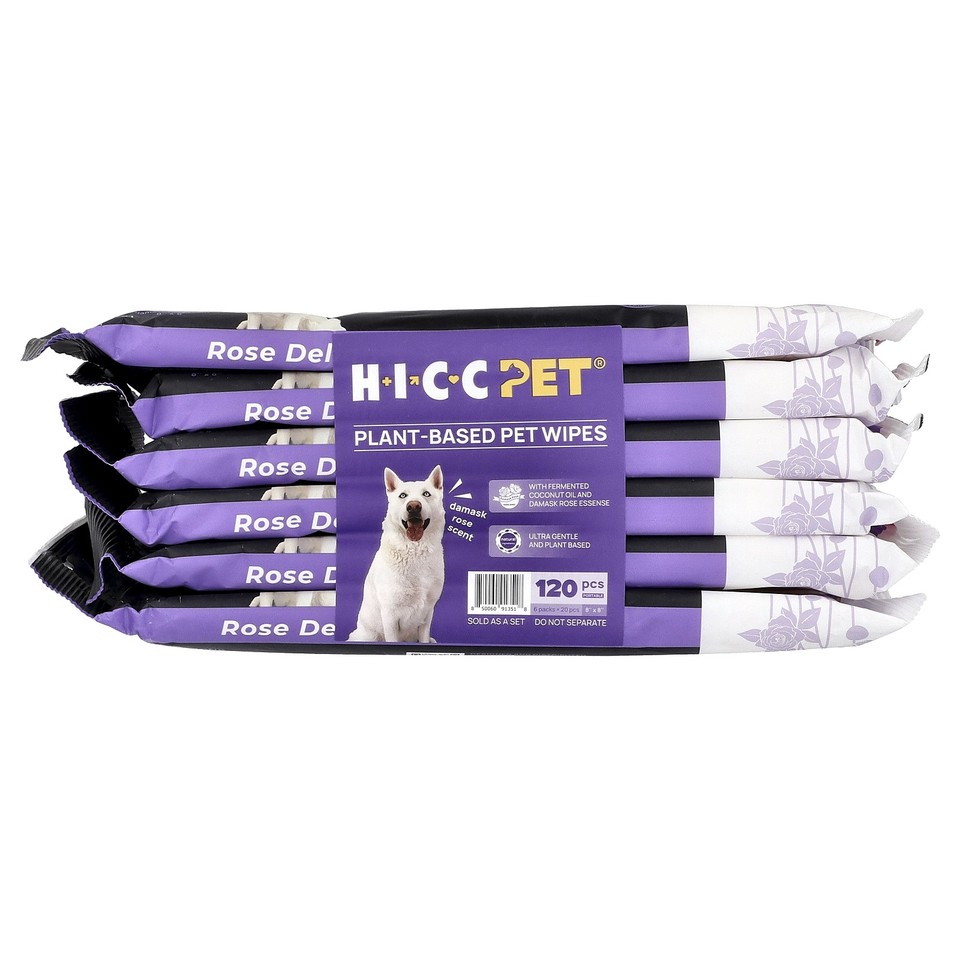 Plant-Based Pet Wipes, For Dogs & Cats, Damask Rose, 6 Packs, 20 Wipes Each