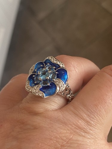 Dallas Prince Sterling Silver Swiss Blue Topaz & White Zircon Flower Ring - Picture 5 of 14