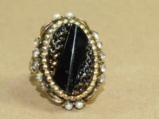 Vintage Black Pressed Art Glass Rhinestone Faux Pearl Cocktail Ring Adjustable