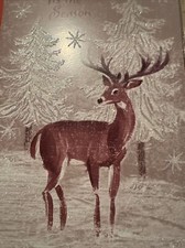 Tarjeta de Navidad de Colección Sin Usar Brillo Pesado Ciervo Buck Reno Pino Nevado con Env