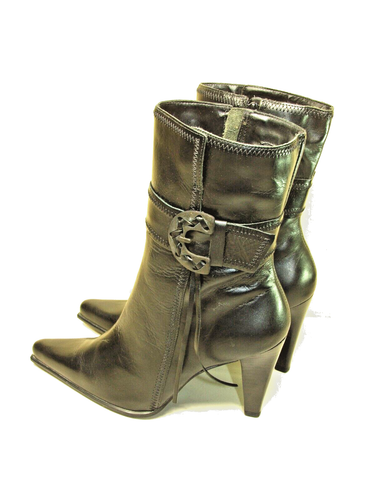 RARE VINTAGE LUICHINY BLACK LEATHER BOOTS STRAP BUCKLE FRINGE SZ. 9 NEW IN BOX - Picture 8 of 16