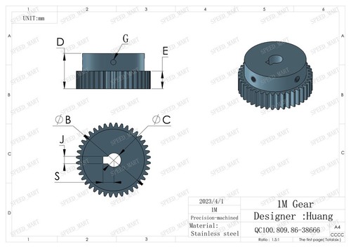 1 pieza 1 módulo engranaje de propulsión de acero inoxidable 34 orificio de dientes 14 mm engranaje de motor con llave de 5 mm - Imagen 5 de 5