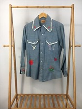 VTG 60s Sears Western Wear Embroidered Holly Hobbie Chambray Pearl Snap Shirt S