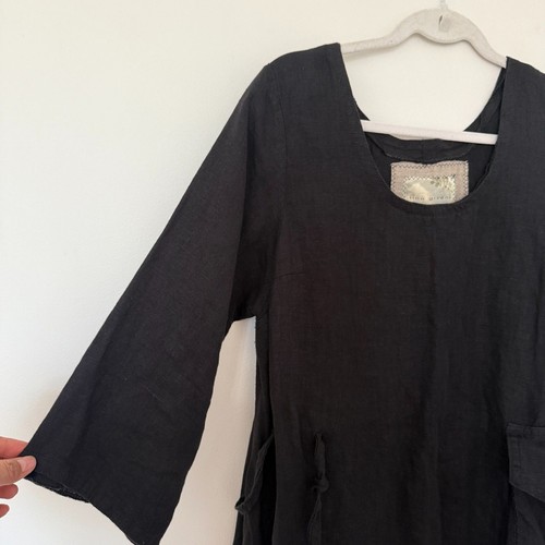 Tina Givens Black Linen Lagenlook 3/4 Sleeves Front Packet Tunic Dress Sz XL - Picture 10 of 12