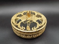 1909-22 Apollo Vanity Box Gilt French Ormolu Trinket Powder Jewelry w/ Glass Jar