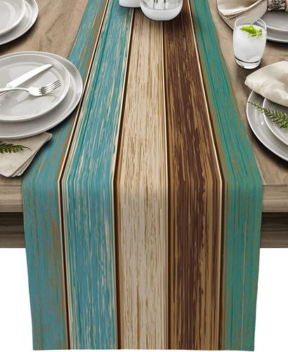Cotton Linen Table Runner Dresser Scarves Retro Rustic Barn Wood&Teal Green Brow